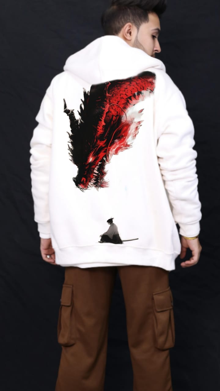 Red dragon back print zipper in white colour